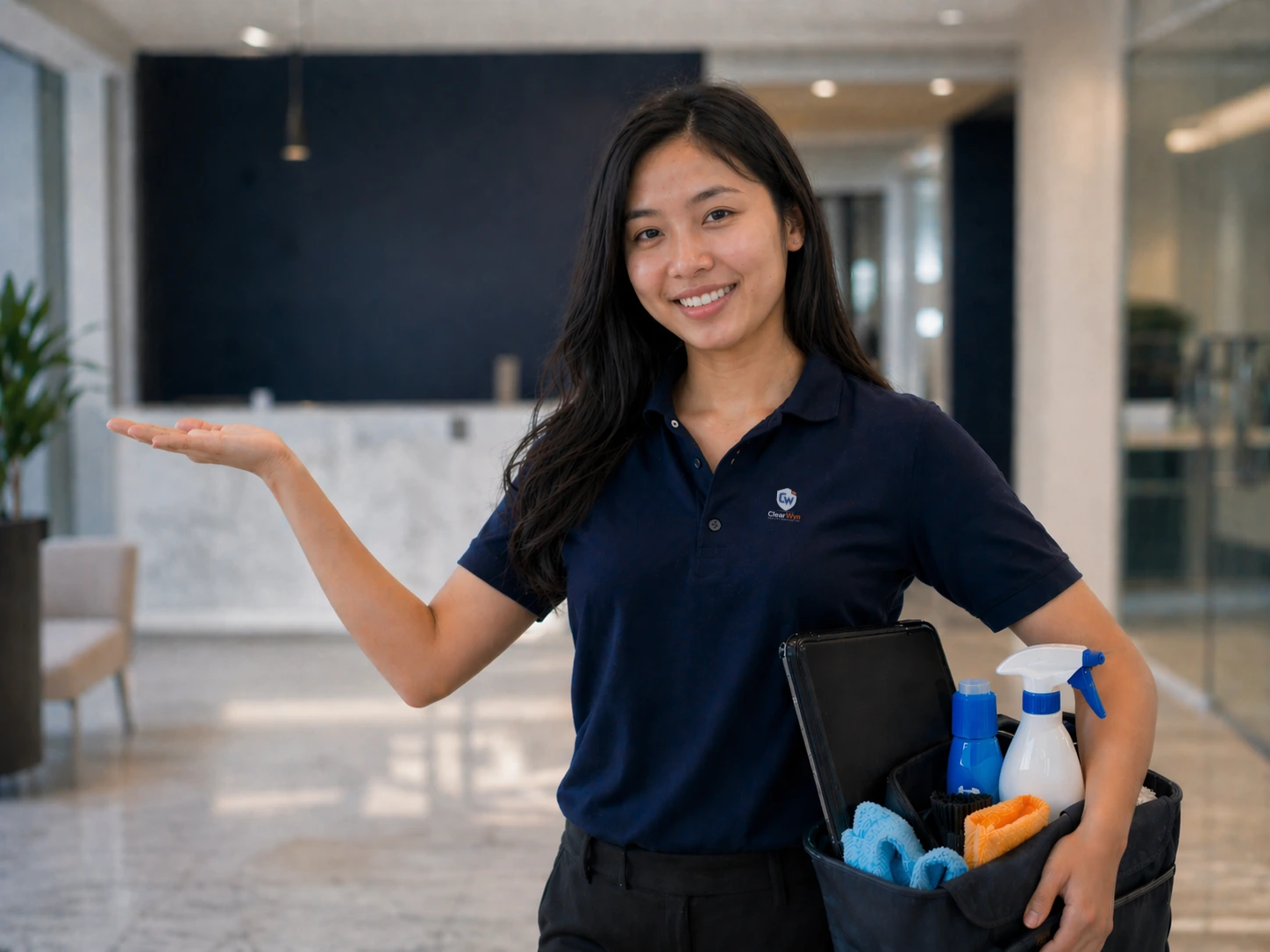 ClearWyn Facility Services professional cleaner in a modern Calgary office lobby, holding commercial-grade cleaning supplies and a service tablet